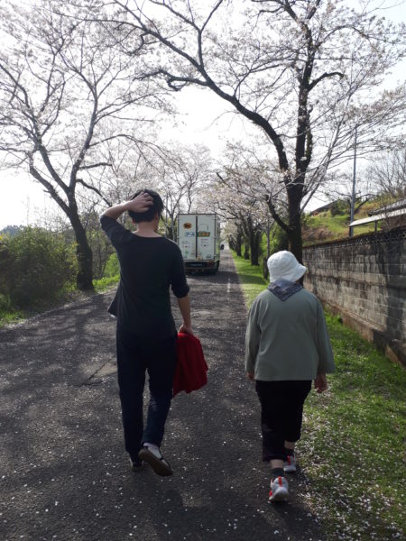 桜並木を並んで歩く母と婿