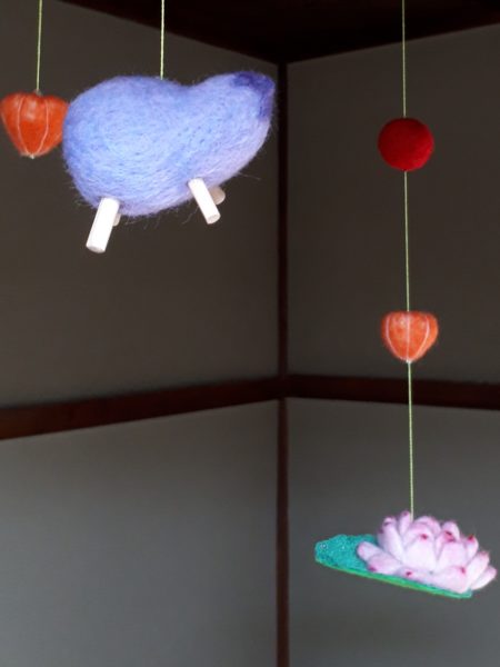 羊毛フェルトで精霊馬のお盆飾り作ってみたよ(*￣▽￣)ノ【キュウリ馬・ナス牛・ホオズキ・ミニトマト・蓮の花・アサガオのモビール ×2】その３