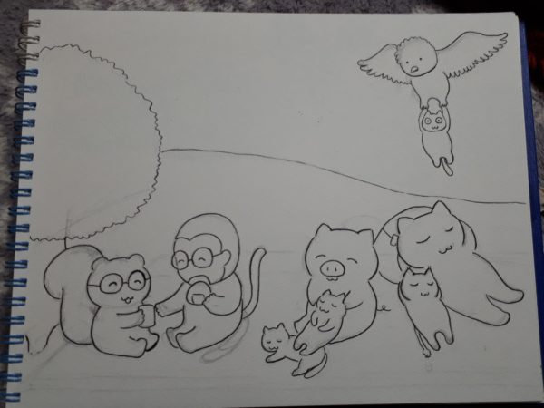 3匹の猫とリスとサルとブタのピクニックの風景のイラスト